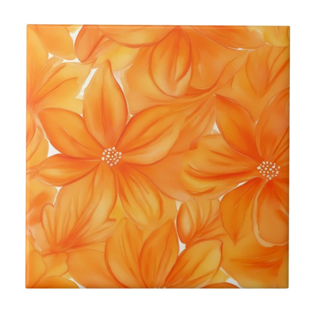 Azulejo Naranja acuarela vibratoria floral botánica (Frente)
