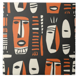 Azulejo Naranja Africano de Rostros, mosaico negro de cerá