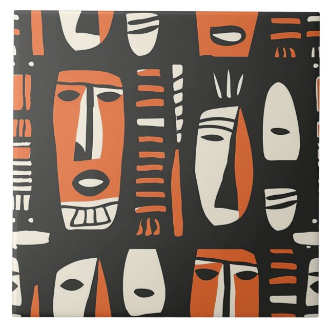 Azulejo Naranja Africano de Rostros, mosaico negro de cerá (Frente)
