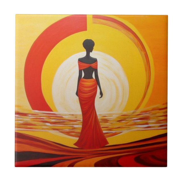 Azulejo Naranja amarillo caliente pintura de mujer african (Frente)