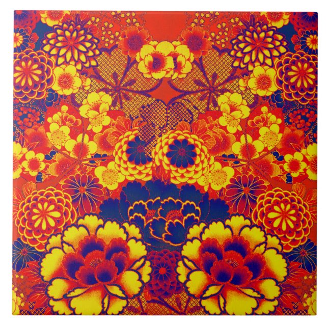 Azulejo Naranja AMARILLO FLOWERS Peony, Rosas floral japon (Frente)