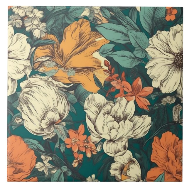 Azulejo Naranja, amarillo y verde bonito floral (Frente)