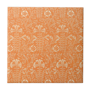 Azulejo Naranja antiguo y flor blanco