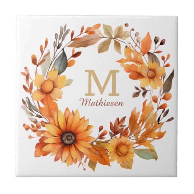 Azulejo Naranja Autumn Floral Wreath Monograma (Frente)