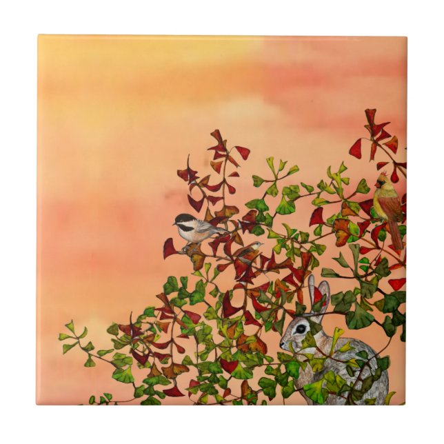 Azulejo Naranja Aves Rabbit Autumage Foliage Tile (Frente)