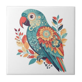 Azulejo Naranja azul Floral Boho Parrot Arte folclórico