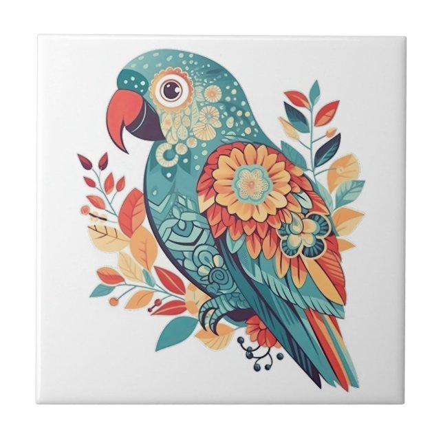 Azulejo Naranja azul Floral Boho Parrot Arte folclórico (Frente)