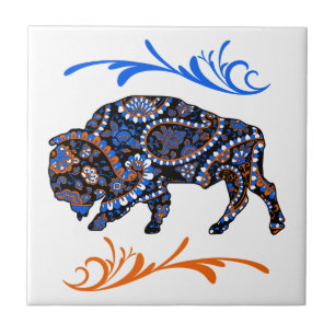 Azulejo Naranja azul Mosaic Bison Art