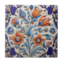 Azulejo Naranja Azul Turco Flores de Tulipanes y Cachorros
