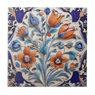 Azulejo Naranja Azul Turco Flores de Tulipanes y Cachorros