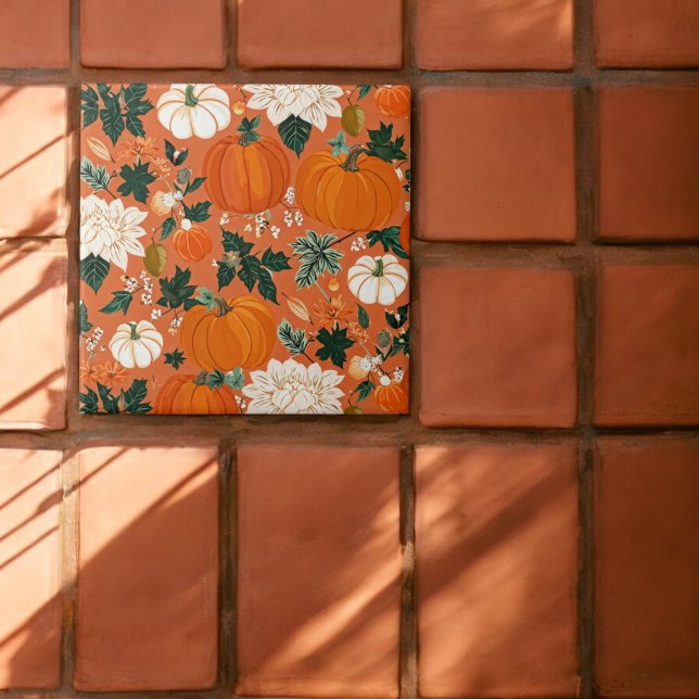 Azulejo Naranja Boho Calabaza Patrón floral otoñal (Subido por el creador)