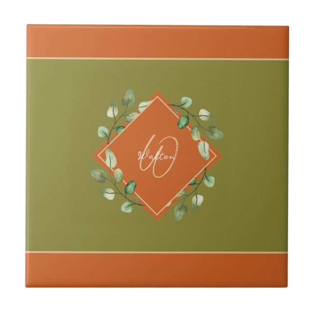 Azulejo Naranja de hojas de otoño + decoración monogramada (Frente)