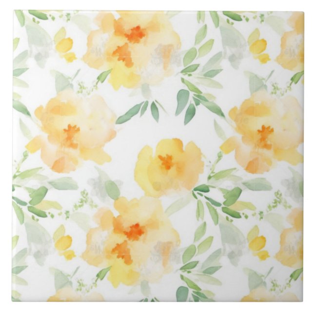 Azulejo Naranja de melocotón amarillo elegante acuarela fl (Frente)