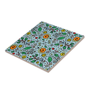 Azulejo Naranja de patrones de flores Swirl Berry en Verde