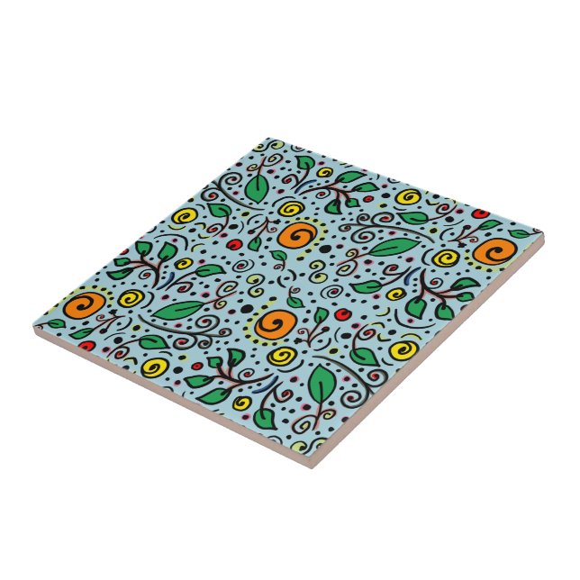 Azulejo Naranja de patrones de flores Swirl Berry en Verde (Lado)