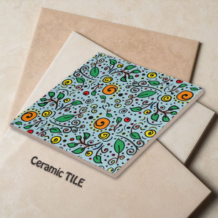 Azulejo Naranja de patrones de flores Swirl Berry en Verde