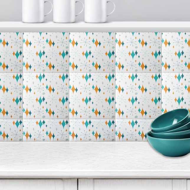 Azulejo Naranja del patrón de estrellas de retro Aqua Verd (Retro Starburst Stars Pattern Orange Teal Aqua Ceramic Tile)