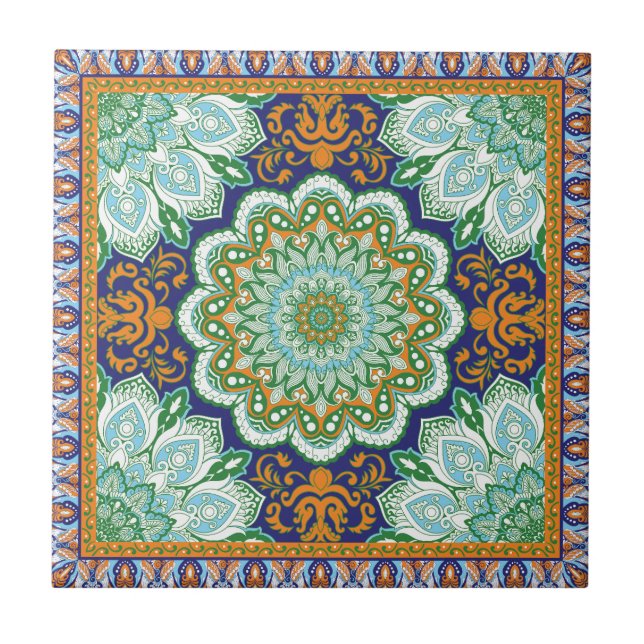 Azulejo Naranja del patrón islámico, azul, mosaico cerámic (Frente)