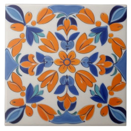 Azulejo Naranja Flor floral geométrica azul mediterráneo