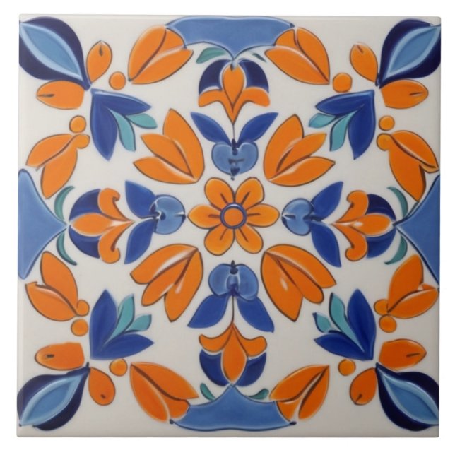 Azulejo Naranja Flor floral geométrica azul mediterráneo (Frente)