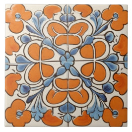 Azulejo Naranja Flor floral geométrica azul mediterráneo