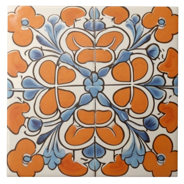 Azulejo Naranja Flor floral geométrica azul mediterráneo (Frente)