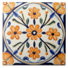 Azulejo Naranja floral de arte folclórico Flores Círculo a