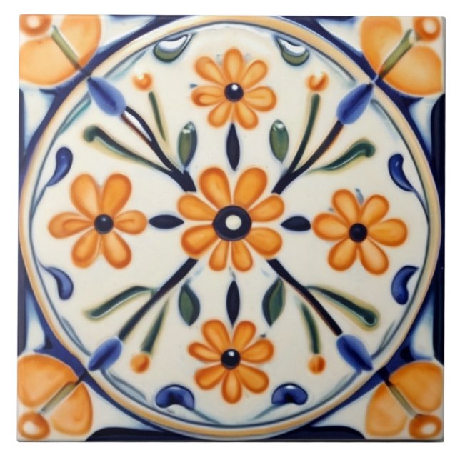 Azulejo Naranja floral de arte folclórico Flores Círculo a (Frente)