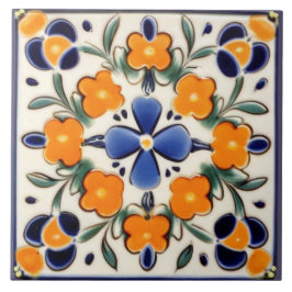Azulejo Naranja floral de arte popular y flores azules