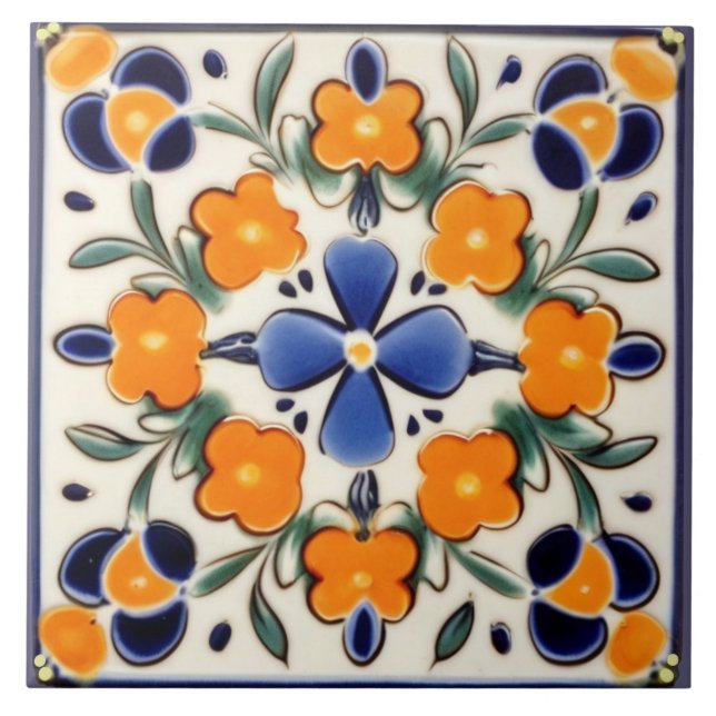 Azulejo Naranja floral de arte popular y flores azules (Frente)