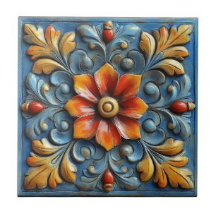 Azulejo Naranja floral español mexicano y azul