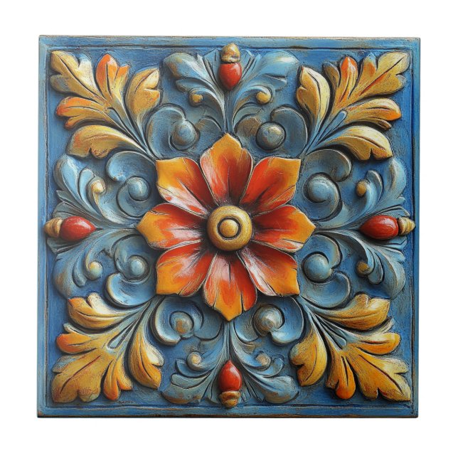 Azulejo Naranja floral español mexicano y azul (Frente)