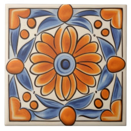 Azulejo Naranja floral y flor azul mediterránea