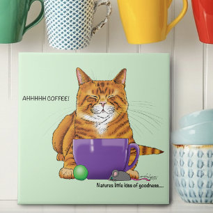 Azulejo Naranja Ginger Coffee Cat Funny