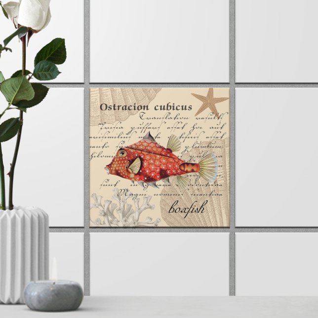 Azulejo Naranja Ilustracion Boxfish 🐡 Vintage Náutico (Orange Boxfish Illustration 🐡 Nautical Vintage Ceramic Tile
)