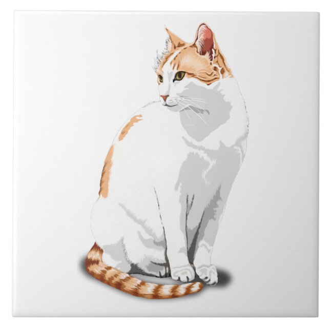 Azulejo Naranja Jengibre y Gato Blanco Personalizado (Frente)