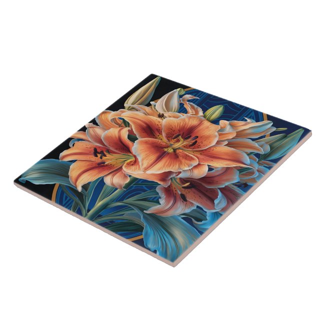 Azulejo Naranja Lilies florece sobre el azul (Lado)