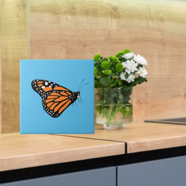 Azulejo Naranja Monarch Butterfly Ilustracion + Azul (Add natural elegance to your tiled space with this beautiful monarch butterfly tile!)