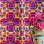 Azulejo Naranja morado Funky Guay Kaleidoscope Mosaico<br><div class="desc">Esta es una cerámica decorativa cautivadora que muestra un patrón abstracto simétrico. El diseño es una mezcla vibrante de formas geométricas, incluyendo cuadrados, rectángulos y triángulos, con un efecto 3D. La paleta de colores combina con acierto el violeta, el naranja, el rosa y el amarillo con un fondo blanco y...</div>
