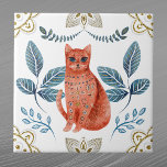 Azulejo Naranja nórdico acuarela arte folclórico<br><div class="desc">Diseño nórdico con gato naranja.</div>