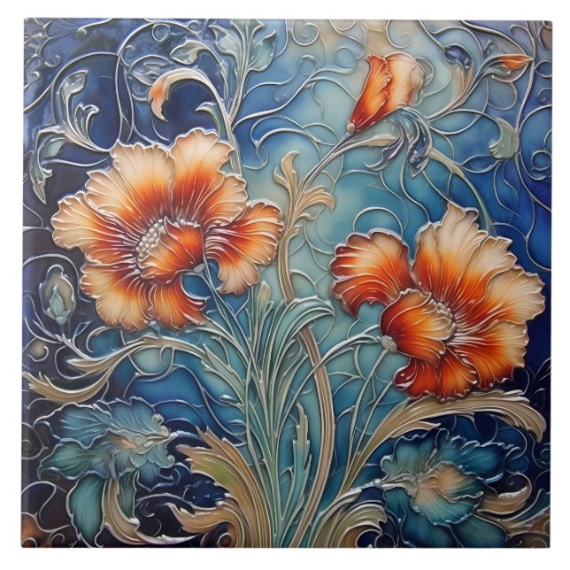Azulejo Naranja oscuro y azul Art Nouveau Floral Motif (Frente)