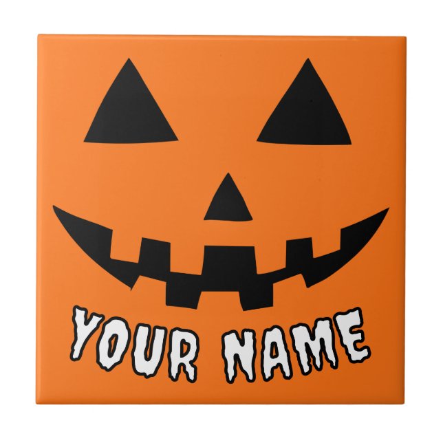 Azulejo Naranja personalizado Calabaza Halloween su nombre (Frente)
