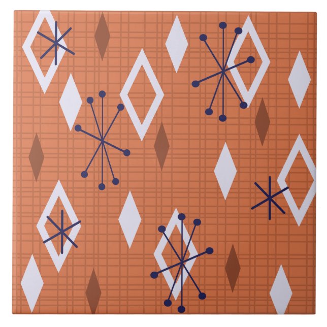 Azulejo Naranja quemado de diamantes de mediados de siglo (Frente)