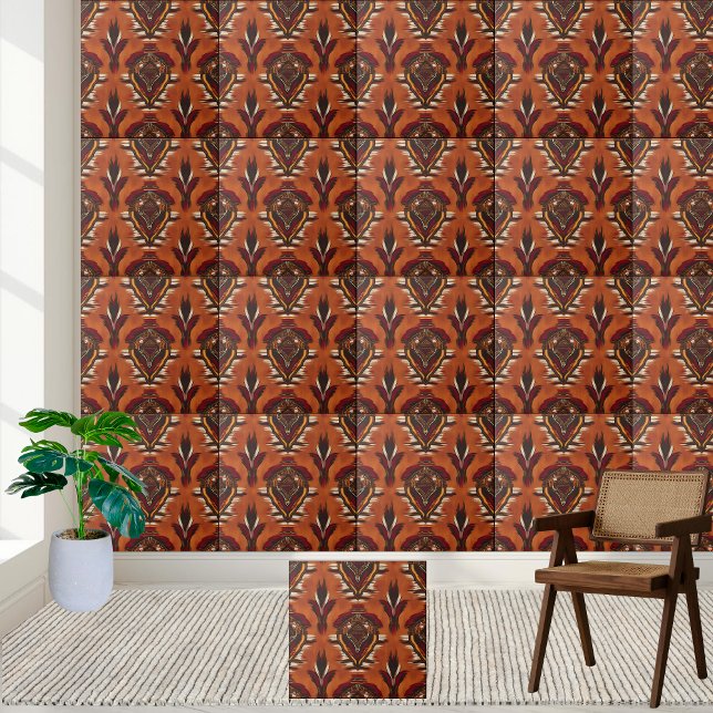 Azulejo Naranja quemado y tela africana simétrica profunda (Burnt Orange and Deep Red Symmetrical African Tile)