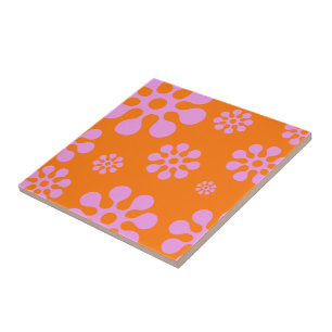 Azulejo Naranja Retro Y Trivet Floral Rosa