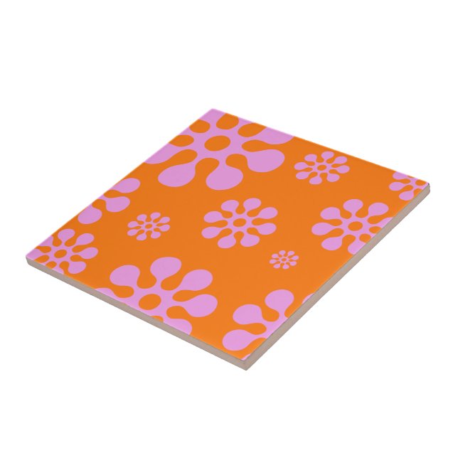 Azulejo Naranja Retro Y Trivet Floral Rosa (Lado)
