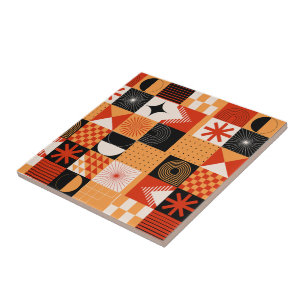 Azulejo Naranja Rojo Patrón Geométrico Negro Tile Cerámico
