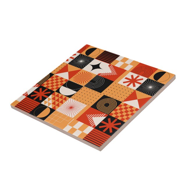 Azulejo Naranja Rojo Patrón Geométrico Negro Tile Cerámico (Lado)