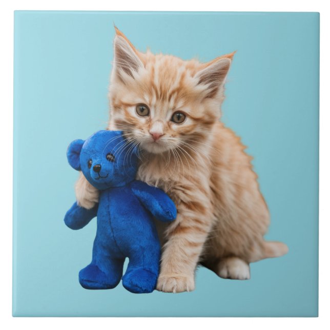 Azulejo Naranja Tabby Kitten y Teddy Tile decorativo (Frente)