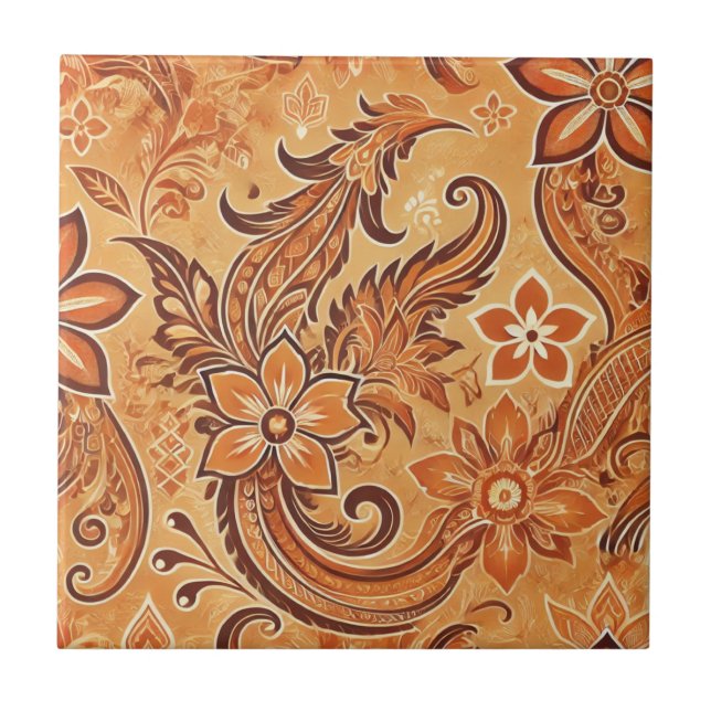 Azulejo Naranja Terracotta Floral Boho Indonesia Batik (Frente)